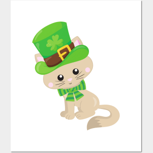 Saint Patrick's Day Cat, Leprechaun Hat, Clovers Posters and Art